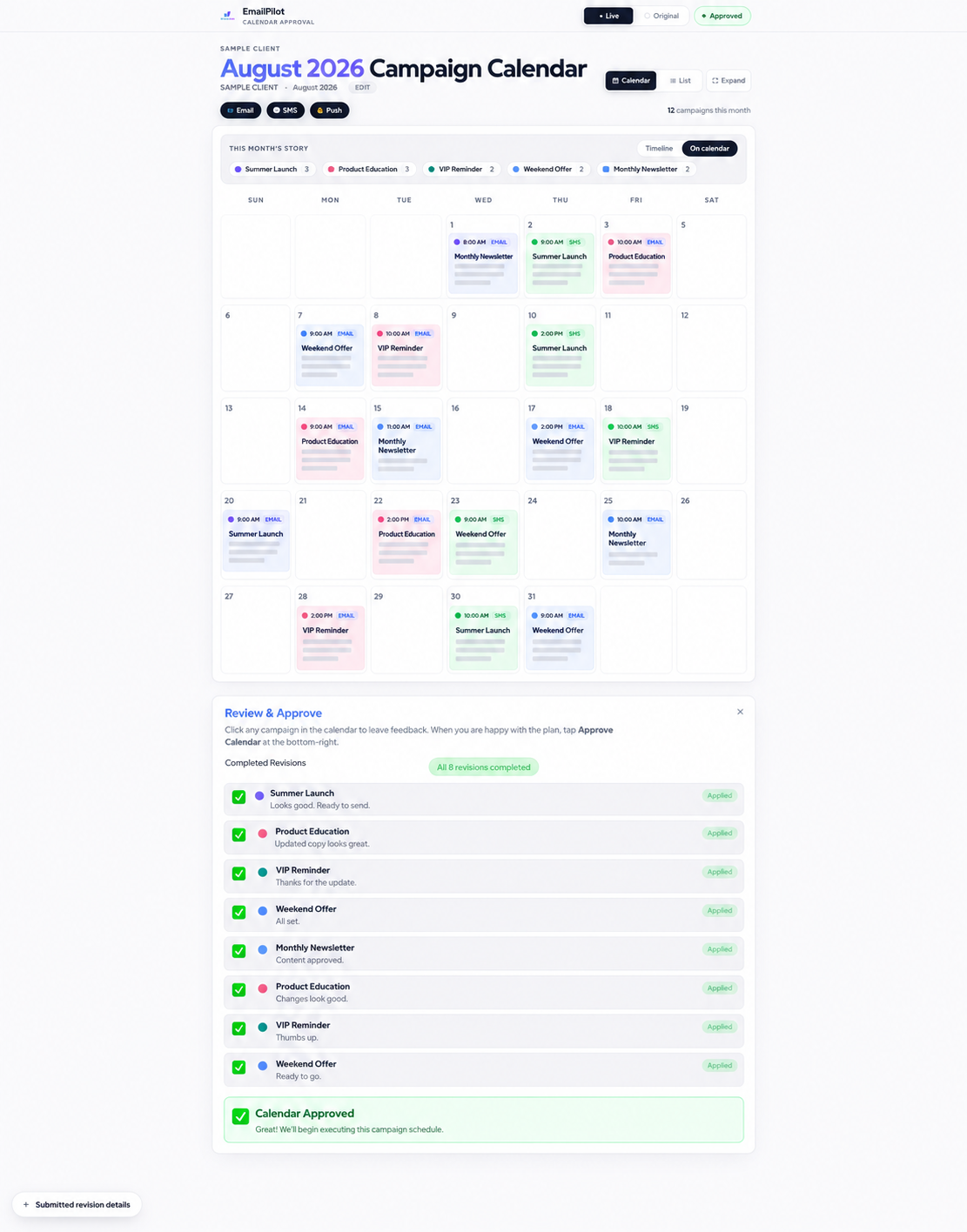 EmailPilot client approval calendar showing campaign schedule, revisions, and approval status